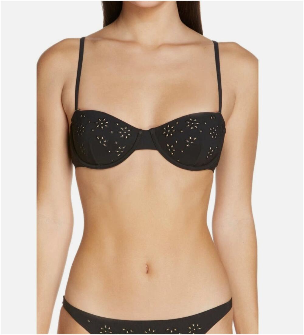 TORY BURCH Broderie Underwire Bikini Top Black Laser Cut Gold Buckle Small
